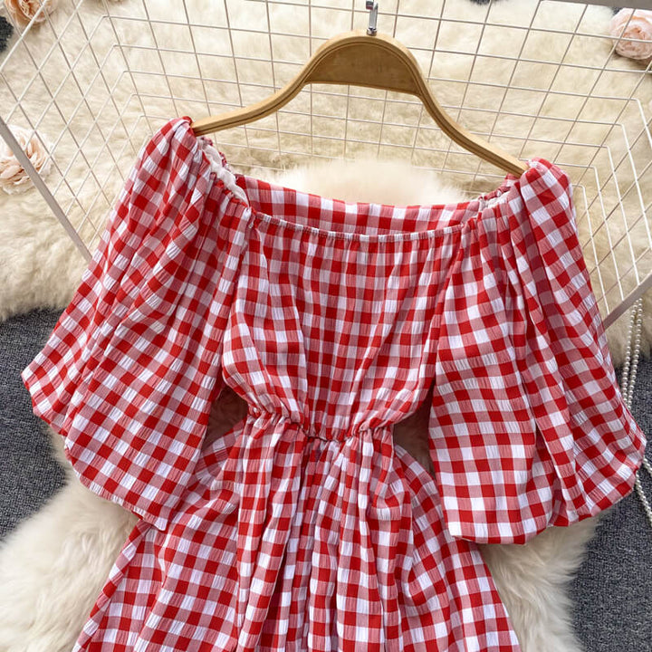 Fashionable women's dress with square neckline & puff sleeves - Selina-Green-Nora Luxe