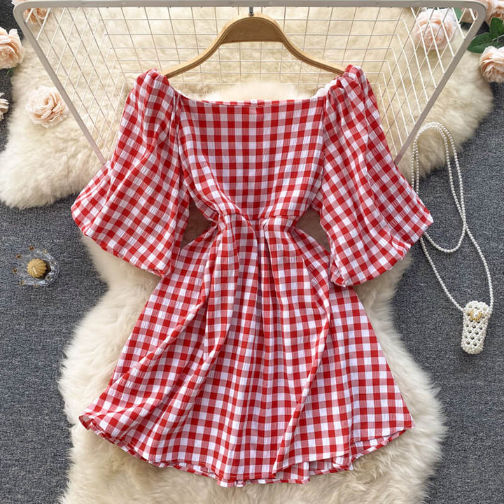 Fashionable women's dress with square neckline & puff sleeves - Selina-Red-Nora Luxe