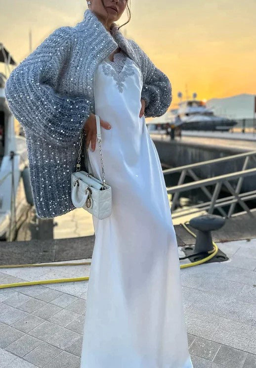 Festive Knitted Cardigan with Sequins - Viola-Blue-S-Nora Luxe