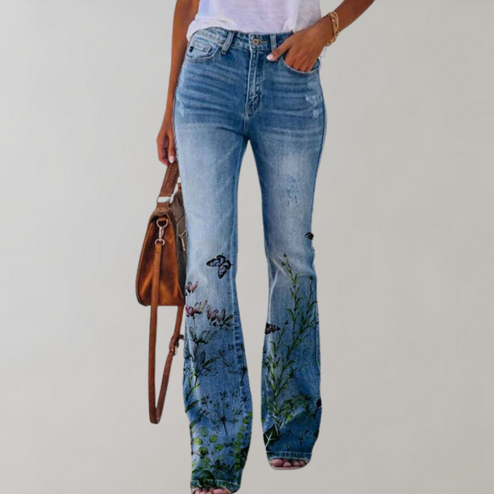 Flared Jeans with Buttons - Pink-With black butterfly-S-Nora Luxe