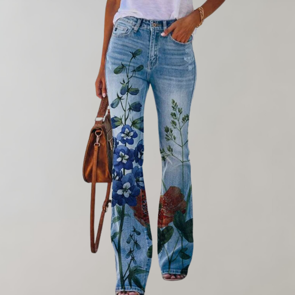 Flared Jeans with Buttons - Pink-With blue flower-S-Nora Luxe
