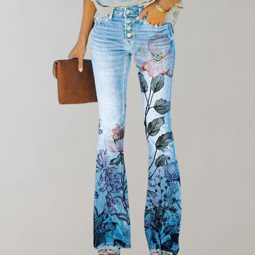 Flared Jeans with Buttons - Pink-With pink flower-S-Nora Luxe
