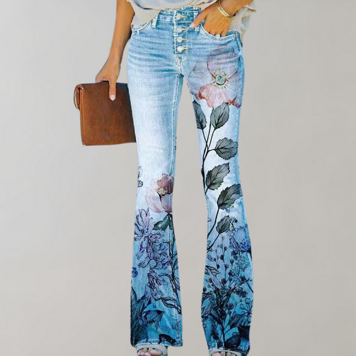 Flared Jeans with Buttons - Pink-With pink flower-S-Nora Luxe