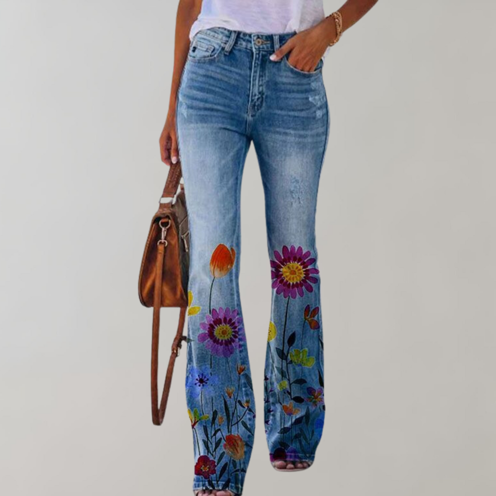 Flared Jeans with Buttons - Pink-With purple flower-S-Nora Luxe