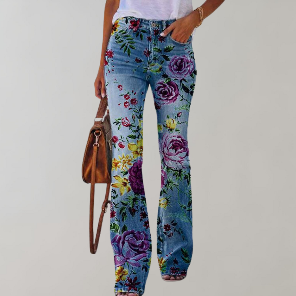 Flared Jeans with Buttons - Pink-With purple rose-S-Nora Luxe