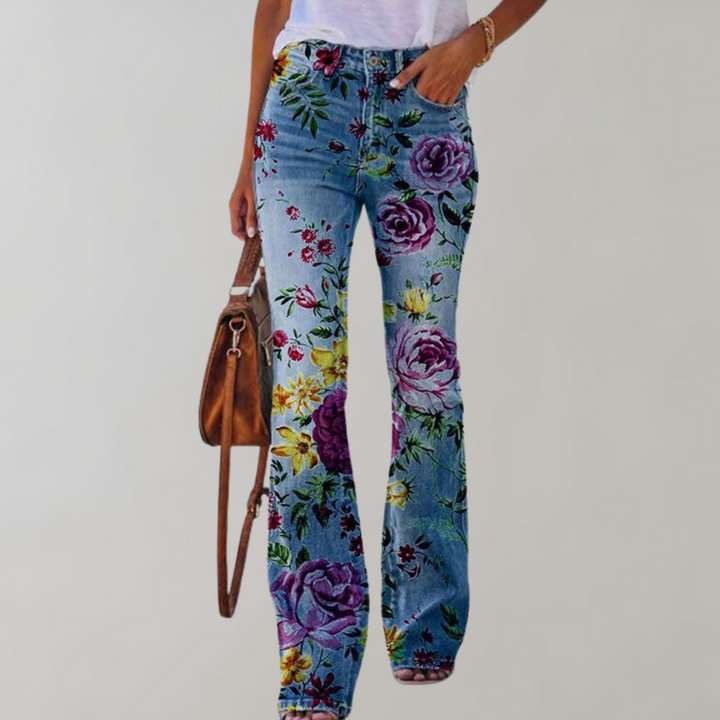 Flared Jeans with Buttons - Pink-With purple rose-S-Nora Luxe