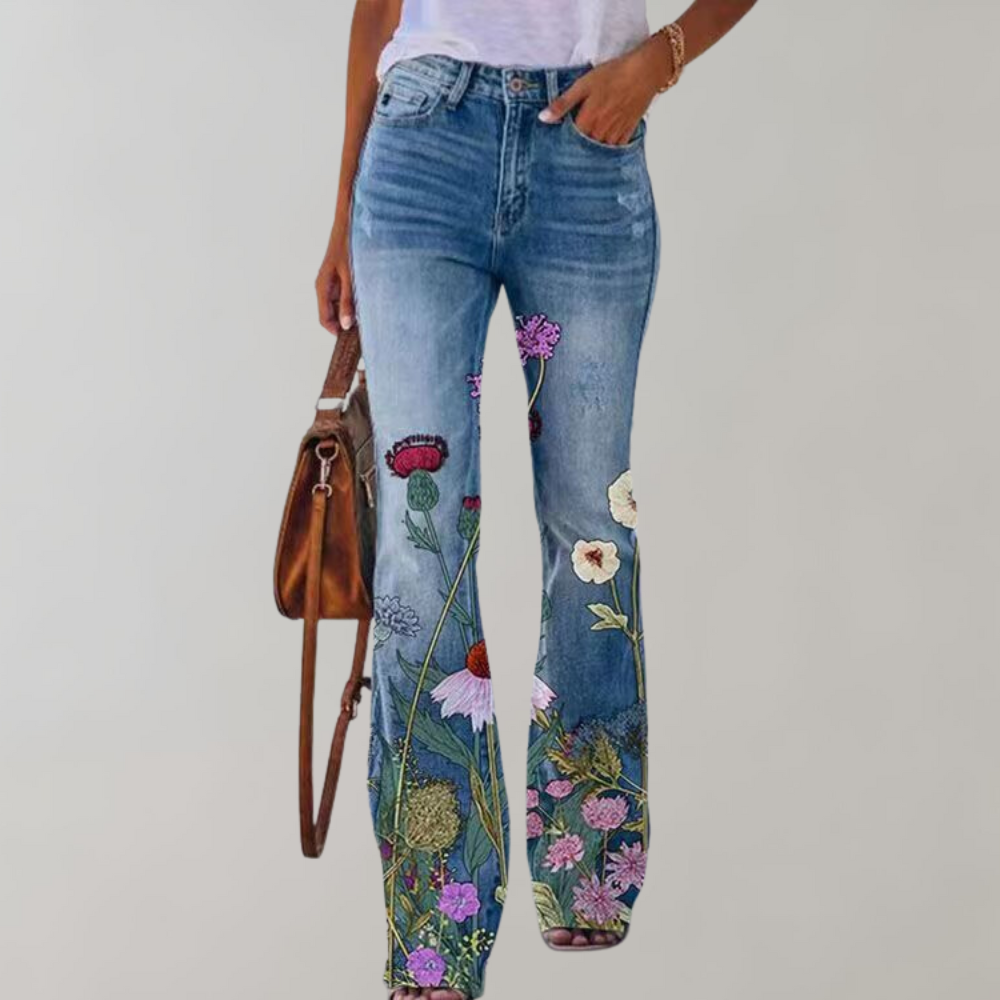 Flared Jeans with Buttons - Pink-With red flower-S-Nora Luxe