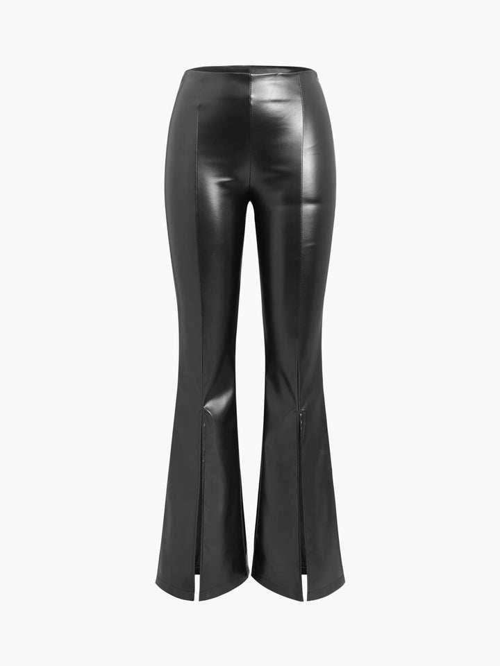 Flared Ladies Trousers in Imitation Leather - Sofia-Black-XS-Nora Luxe