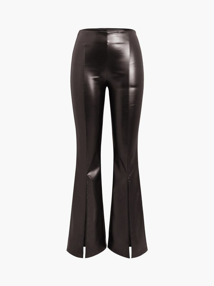Flared Ladies Trousers in Imitation Leather - Sofia-Dark Brown-XS-Nora Luxe