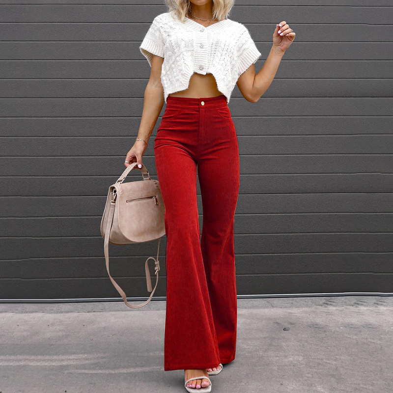 Flared Vogue Style Trousers - Isabella-Carmine red-S-Nora Luxe