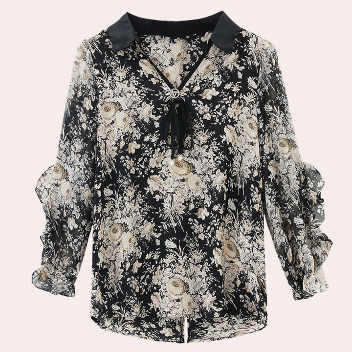 Floral Black Blouse with Collar for Women - Noëlle-XS-Nora Luxe