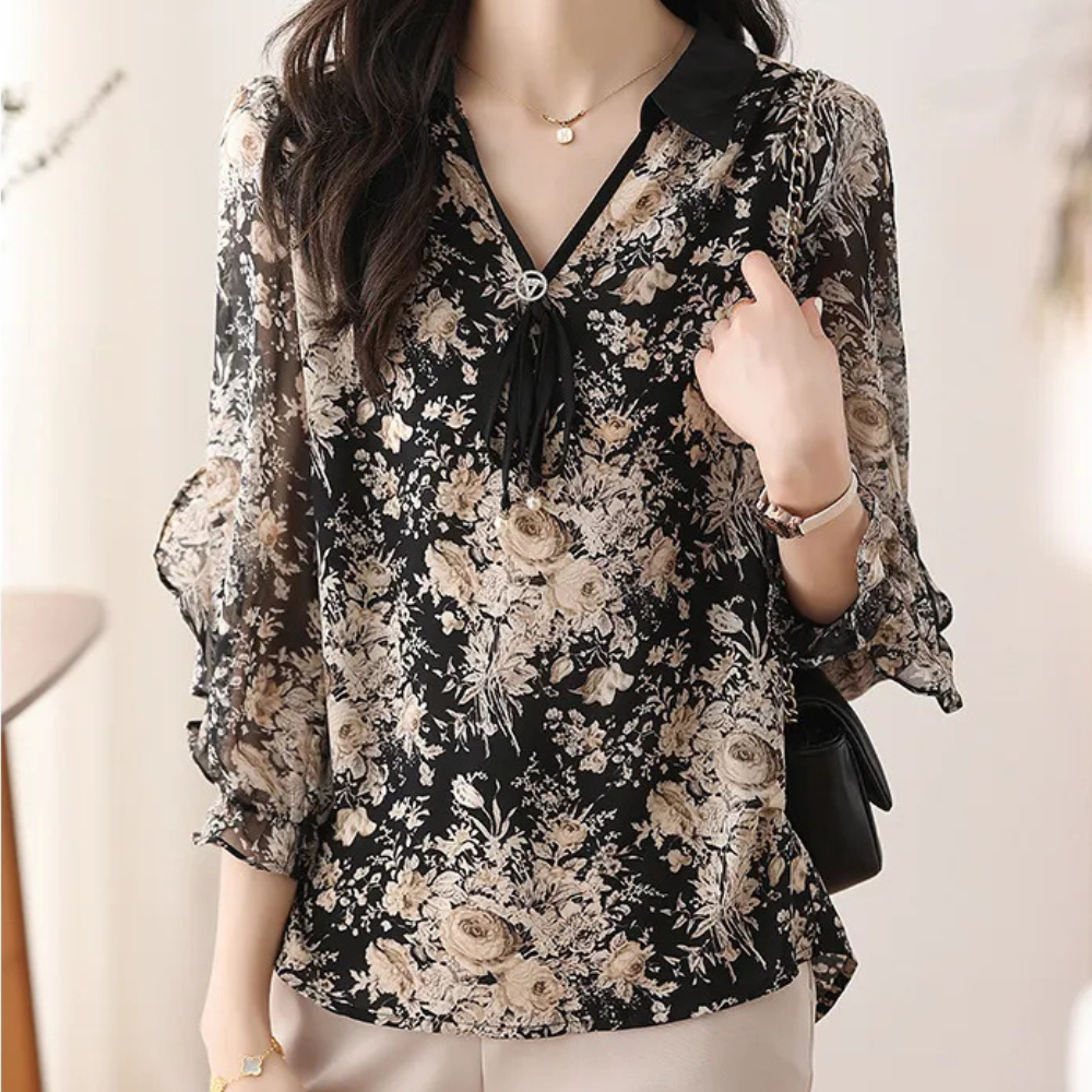 Floral Black Blouse with Collar for Women - Noëlle-XS-Nora Luxe