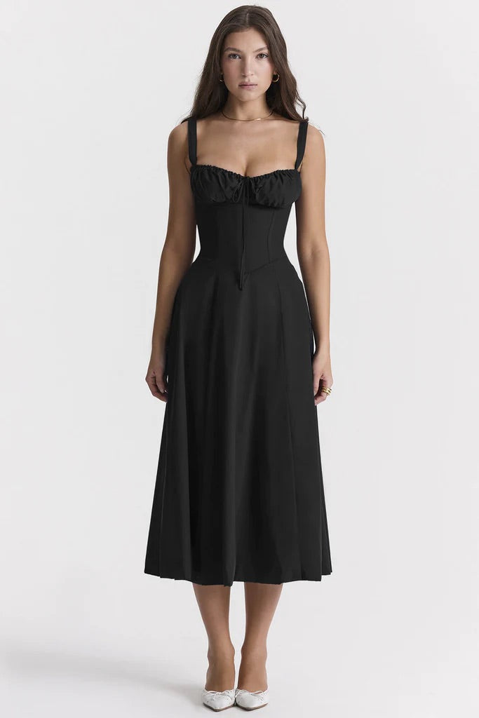 Floral Maxi Dress with Waist Definition - Fleur-Black-S-Nora Luxe