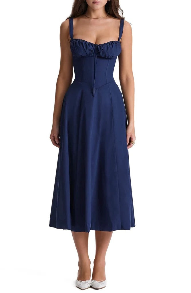 Floral Maxi Dress with Waist Definition - Fleur-Marine blue-S-Nora Luxe