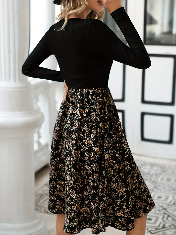 Floral Print V-Neck Dress with Long Sleeves - Lilith-XS-Nora Luxe