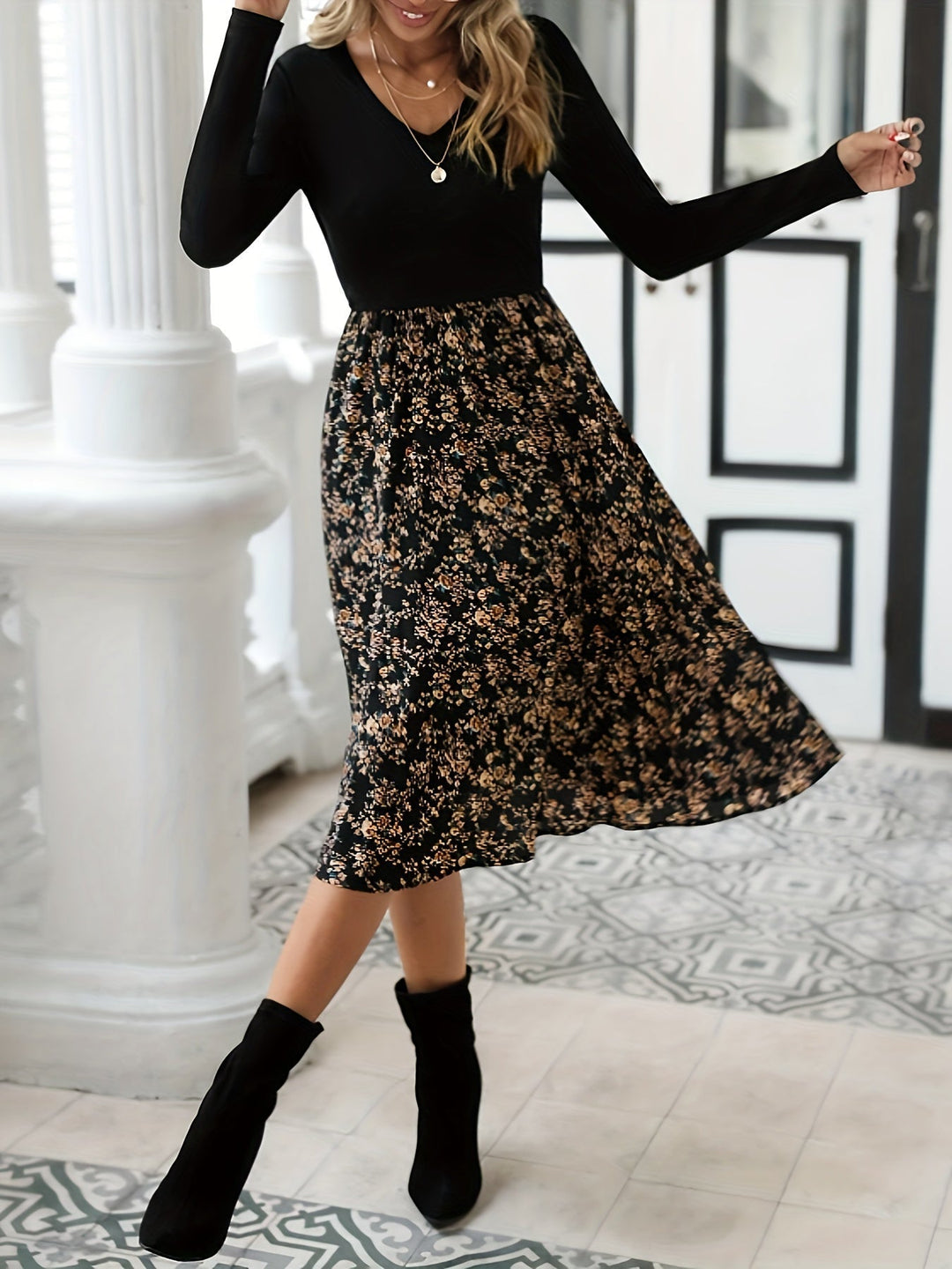 Floral Print V-Neck Dress with Long Sleeves - Lilith-XS-Nora Luxe