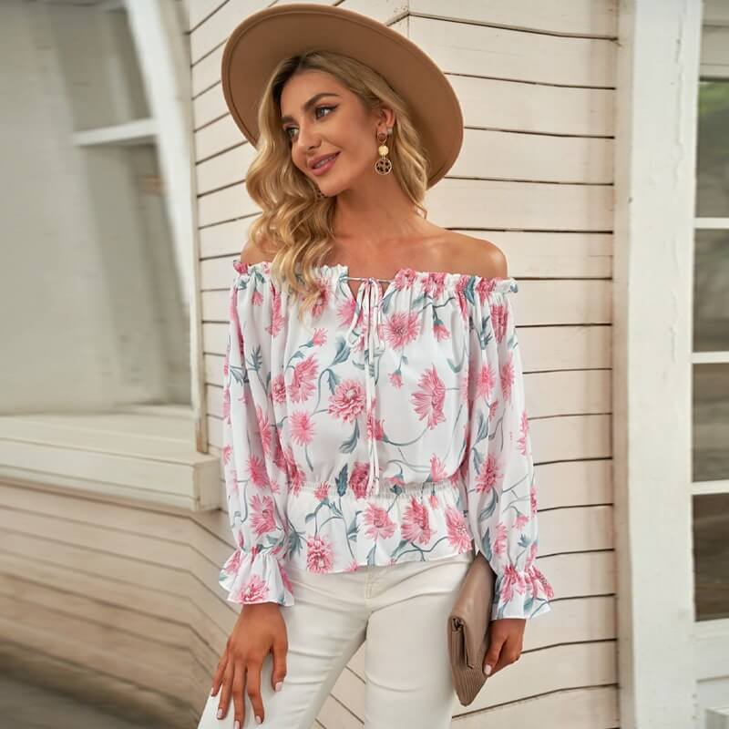 Floral Women's Chiffon Blouse with Ruffled Sleeves - Elvira-Beige-S-Nora Luxe