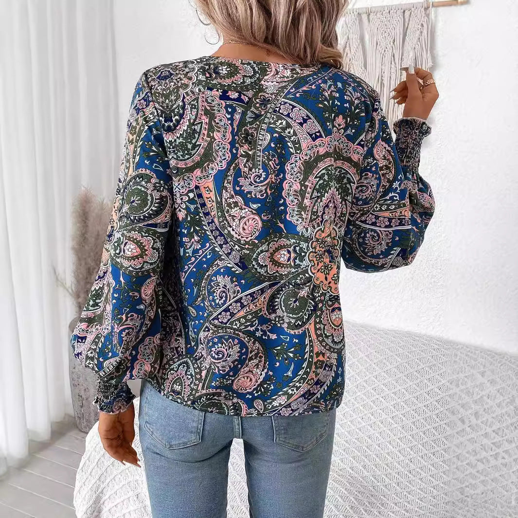 Flower print women's blouse with V-neck & lantern sleeves – Malina-S-Nora Luxe