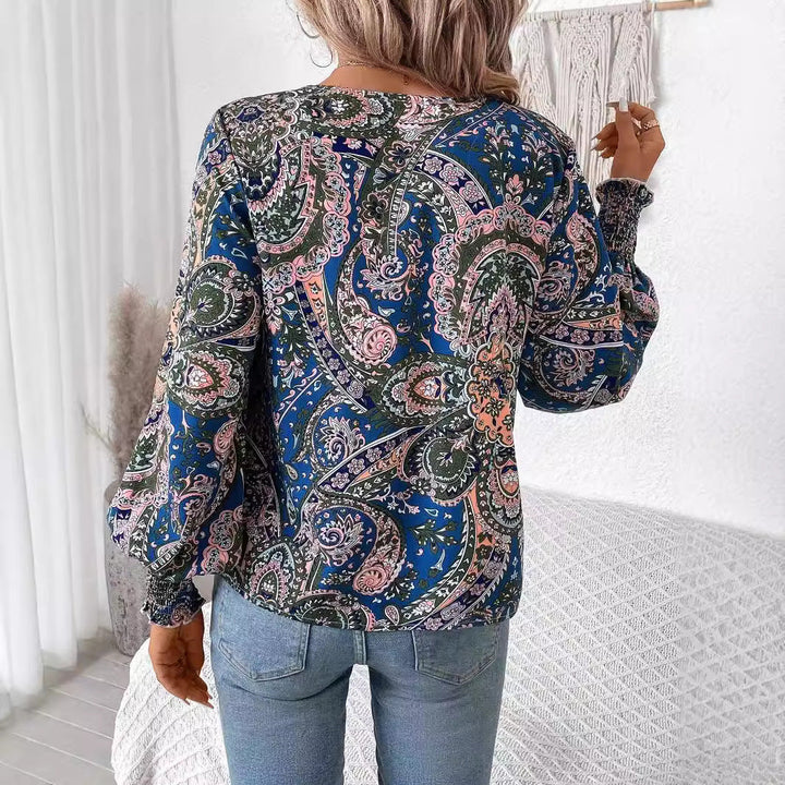 Flower print women's blouse with V-neck & lantern sleeves – Malina-S-Nora Luxe