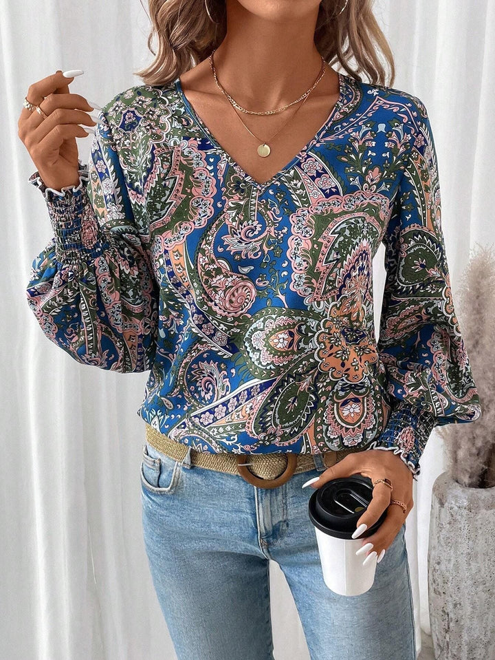 Flower print women's blouse with V-neck & lantern sleeves – Malina-S-Nora Luxe