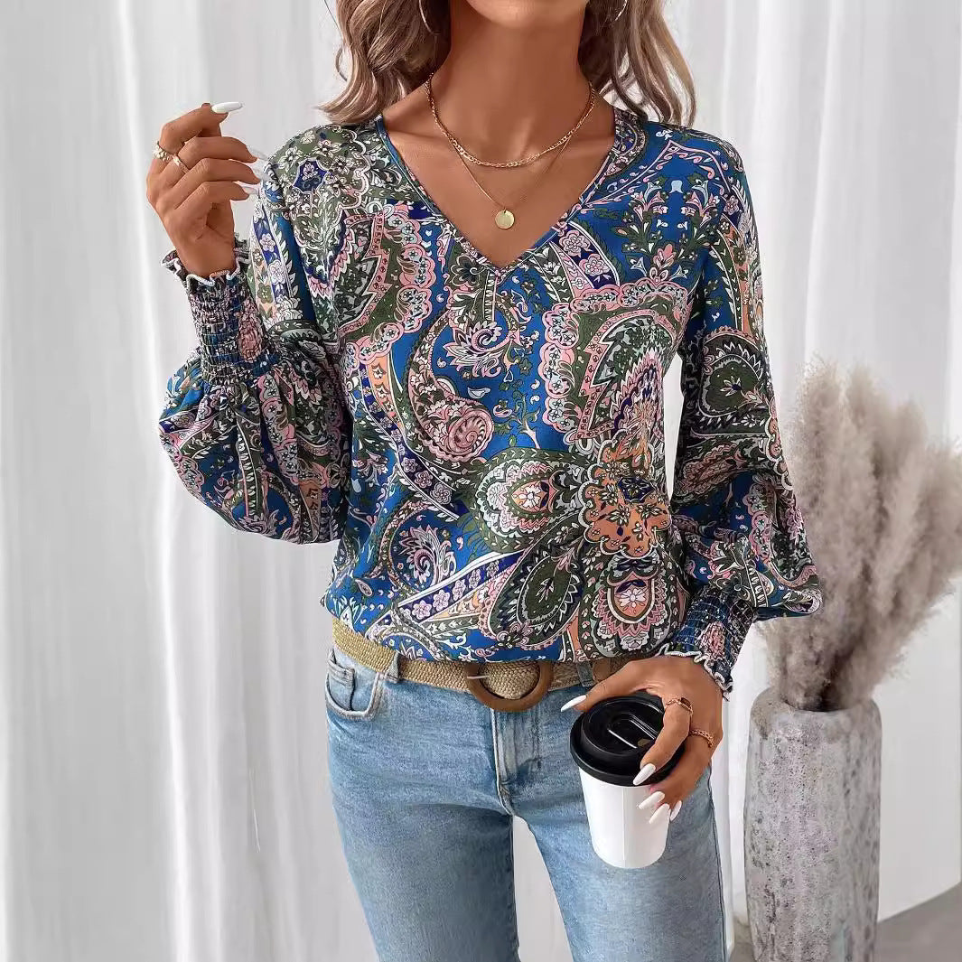 Flower print women's blouse with V-neck & lantern sleeves – Malina-S-Nora Luxe