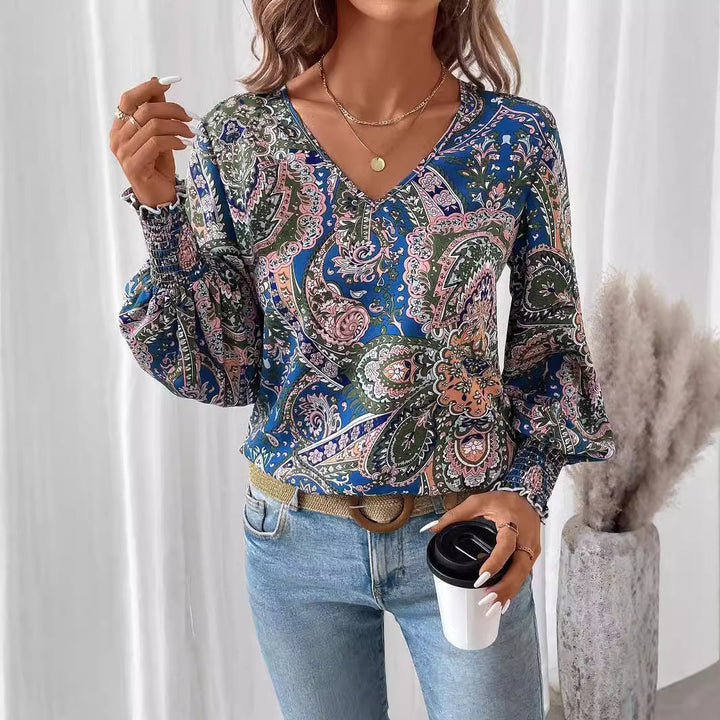Flower print women's blouse with V-neck & lantern sleeves – Malina-S-Nora Luxe