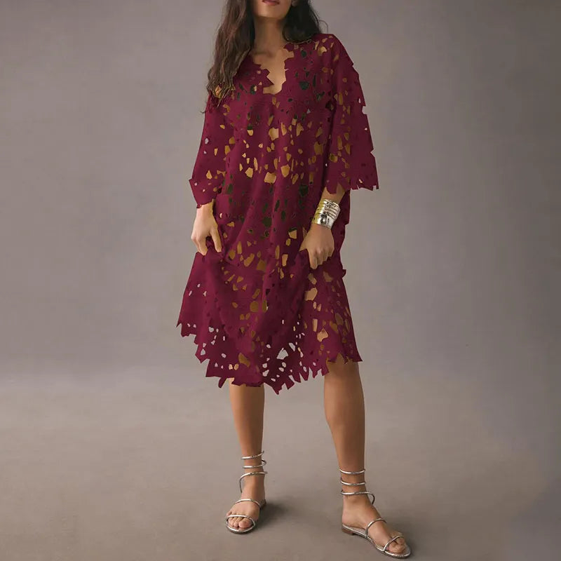 Flowered Midi Dress with Eyelet Lacing – Maelis-Burgundy red-State of Style