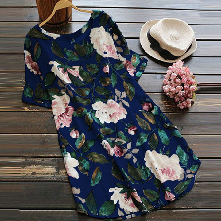 Flowered summer casual dress with short sleeves for women – Malina-Blue-S-Nora Luxe