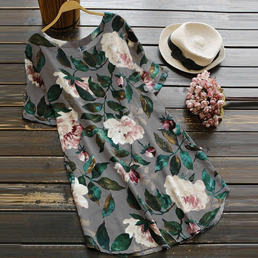 Flowered summer casual dress with short sleeves for women – Malina-Gray-S-Nora Luxe