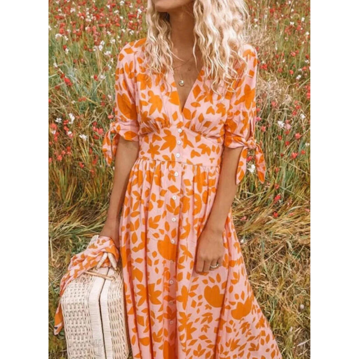 Flowing women's maxi dress with V-neck & tie sleeves - Soraya-Orange-S-Nora Luxe