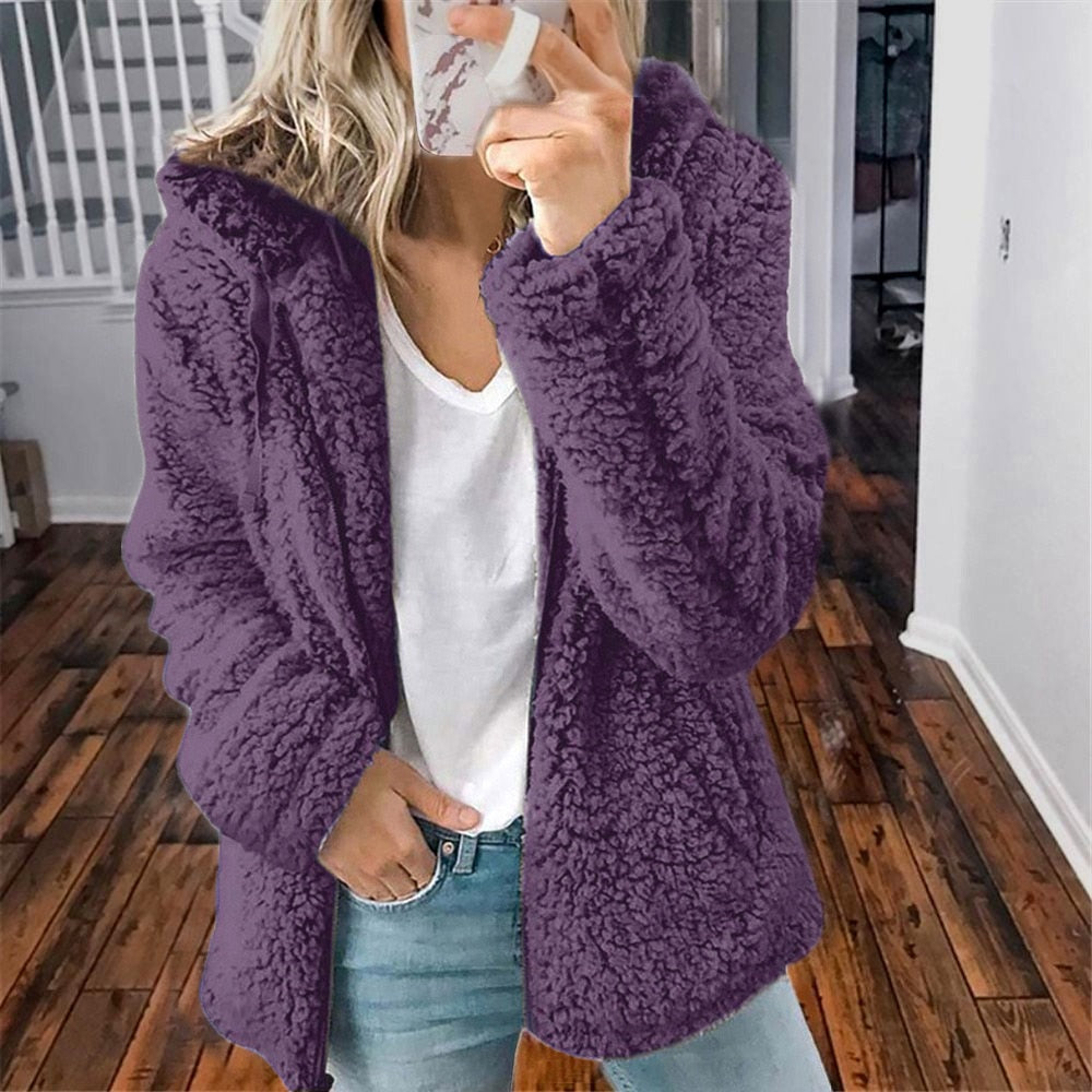 Fluffy Ladies' Jacket with Hood - Sofia-Purple-S-Nora Luxe