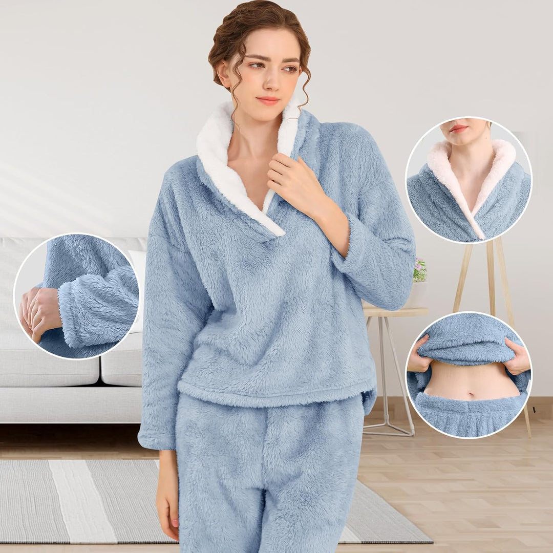 Fluffy Pajama Set for Women - CozyPlush-Dark blue-S-Nora Luxe