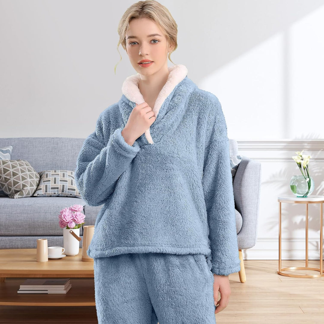 Fluffy Pajama Set for Women - CozyPlush-Dark blue-S-Nora Luxe
