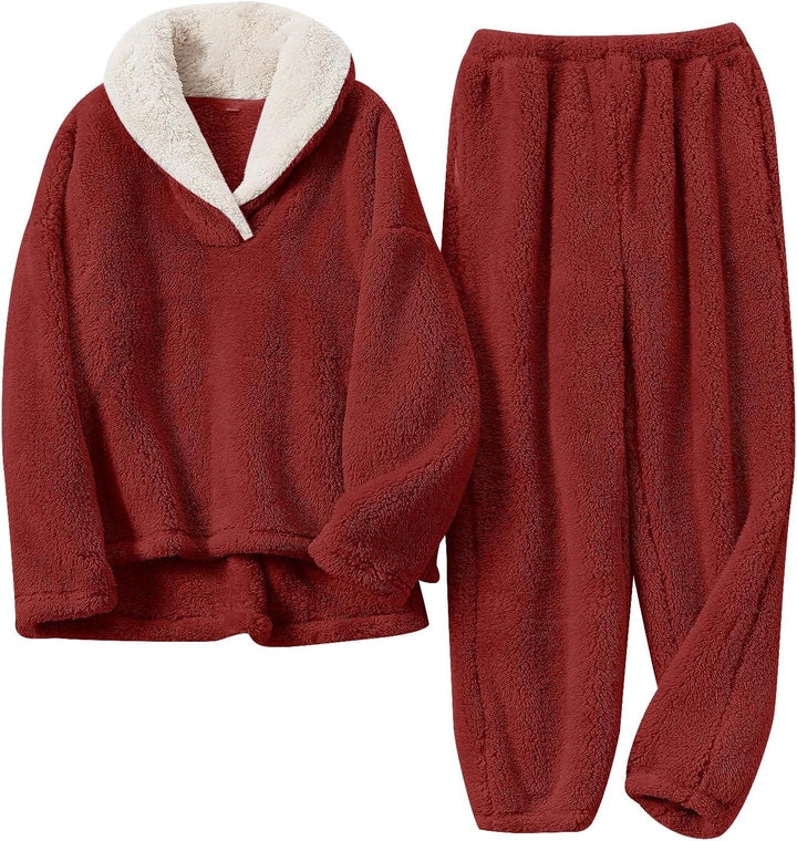 Fluffy Pajama Set for Women - CozyPlush-Wine red-S-Nora Luxe