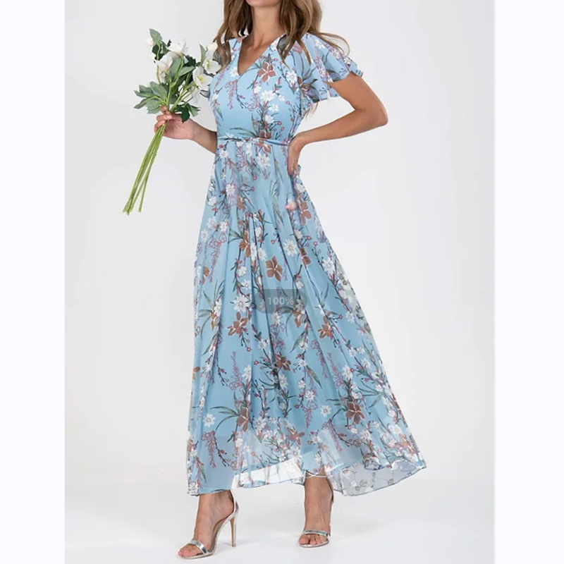 Flutter Sleeve Maxi Dress with Floral Print - Miranda-Dark blue-S-Nora Luxe