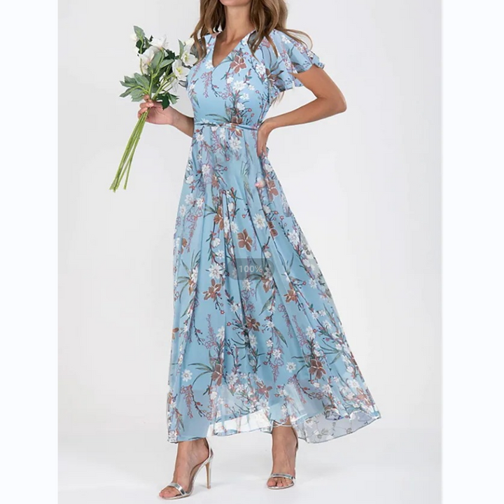 Flutter Sleeve Maxi Dress with Floral Print - Miranda-Dark blue-S-Nora Luxe