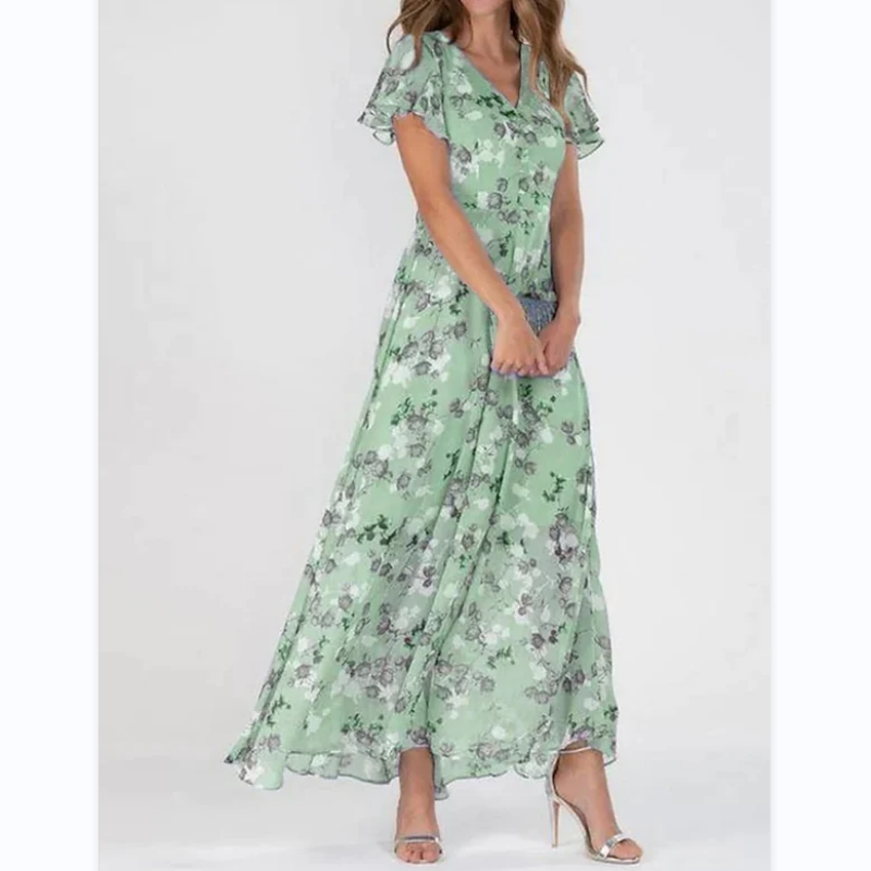 Flutter Sleeve Maxi Dress with Floral Print - Miranda-Green-S-Nora Luxe