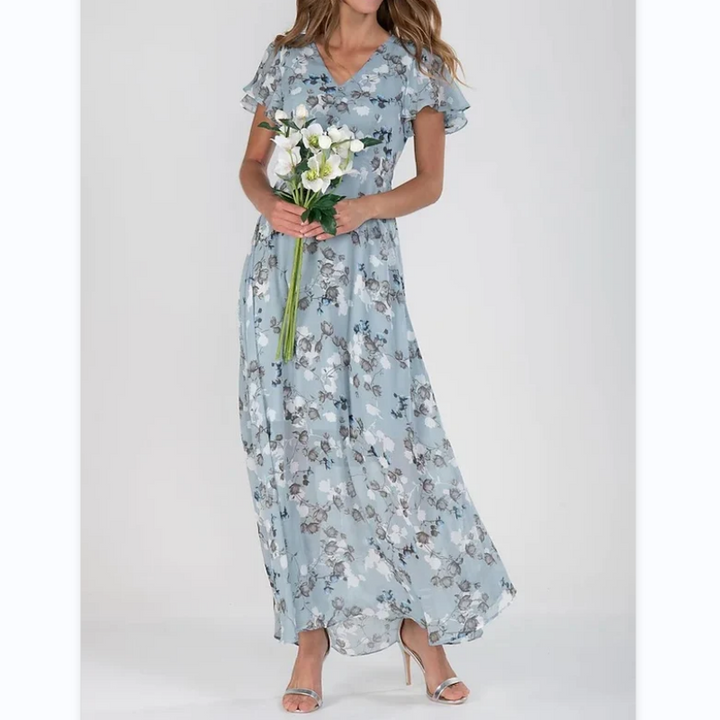 Flutter Sleeve Maxi Dress with Floral Print - Miranda-Light blue-S-Nora Luxe