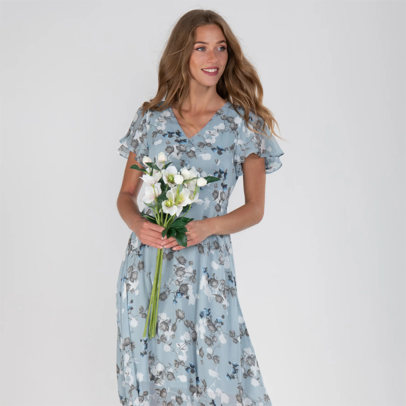 Flutter Sleeve Maxi Dress with Floral Print - Miranda-Light blue-S-Nora Luxe