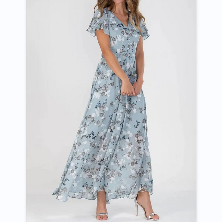 Flutter Sleeve Maxi Dress with Floral Print - Miranda-Light blue-S-Nora Luxe