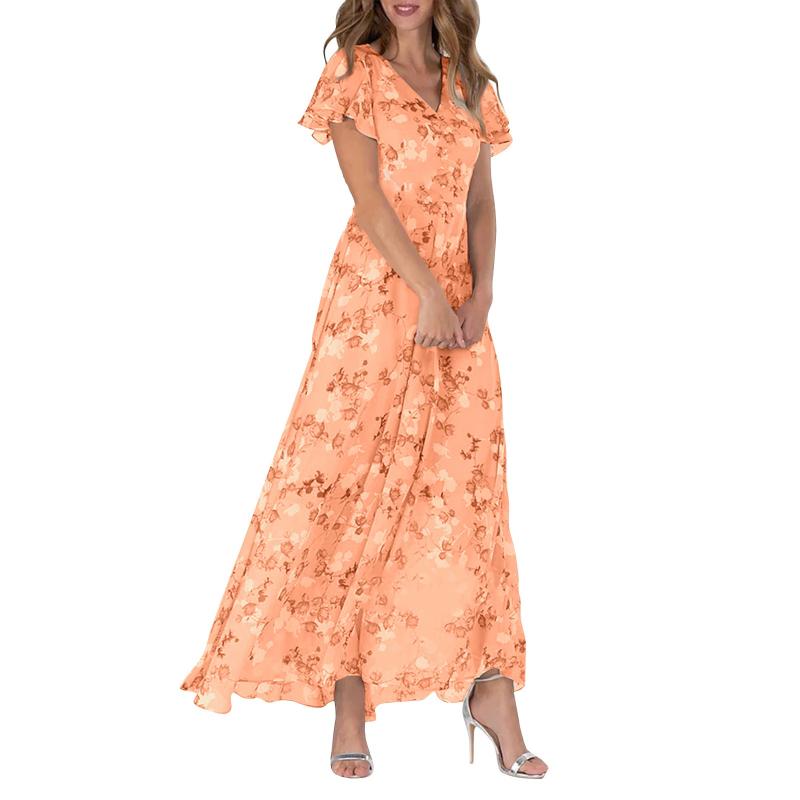 Flutter Sleeve Maxi Dress with Floral Print - Miranda-Orange-S-Nora Luxe