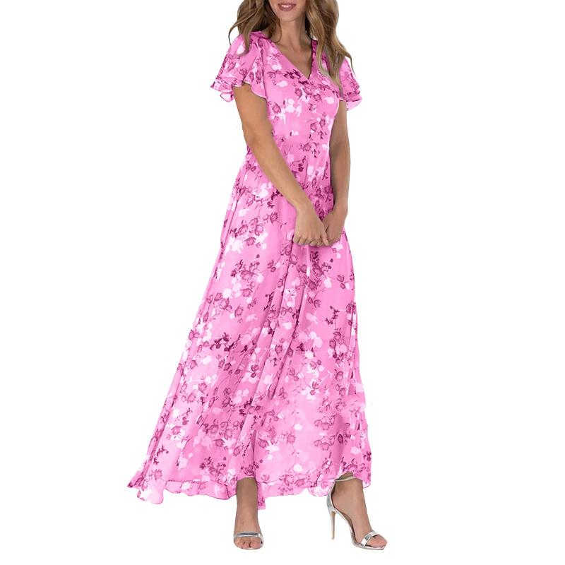 Flutter Sleeve Maxi Dress with Floral Print - Miranda-Pink-S-Nora Luxe