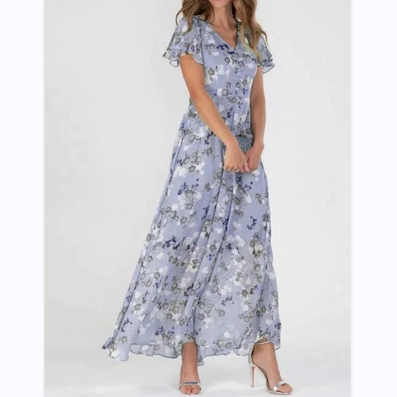 Flutter Sleeve Maxi Dress with Floral Print - Miranda-Purple-S-Nora Luxe