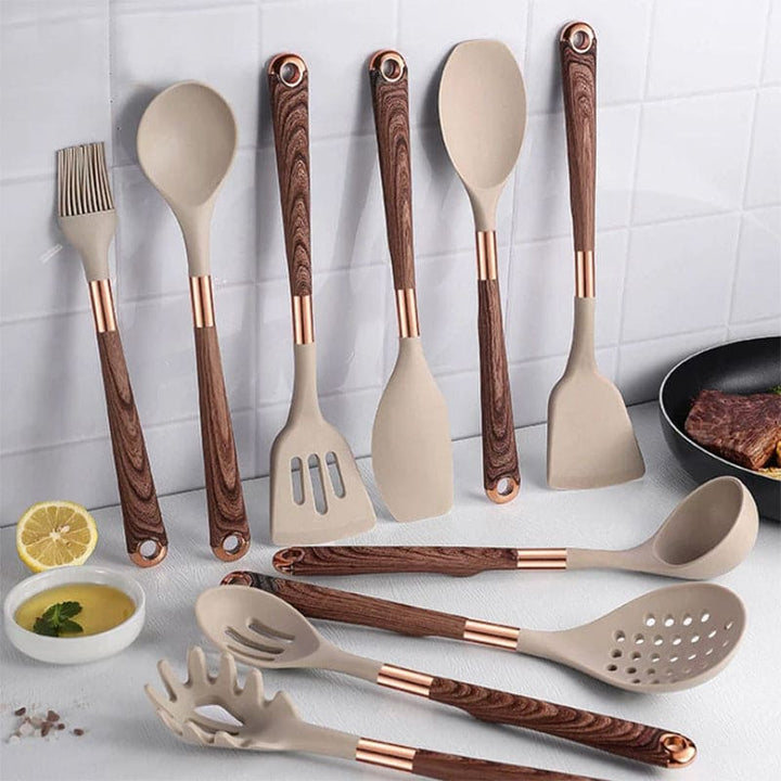 Food-safe Silicone Kitchen Utensils with Wooden Handle - KitchenElegance-Nora Luxe