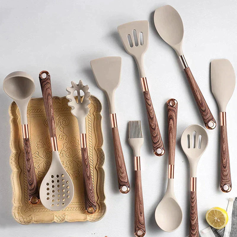 Food-safe Silicone Kitchen Utensils with Wooden Handle - KitchenElegance-Nora Luxe