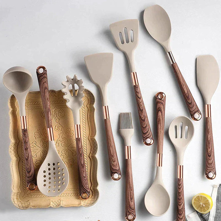 Food-safe Silicone Kitchen Utensils with Wooden Handle - KitchenElegance-Nora Luxe