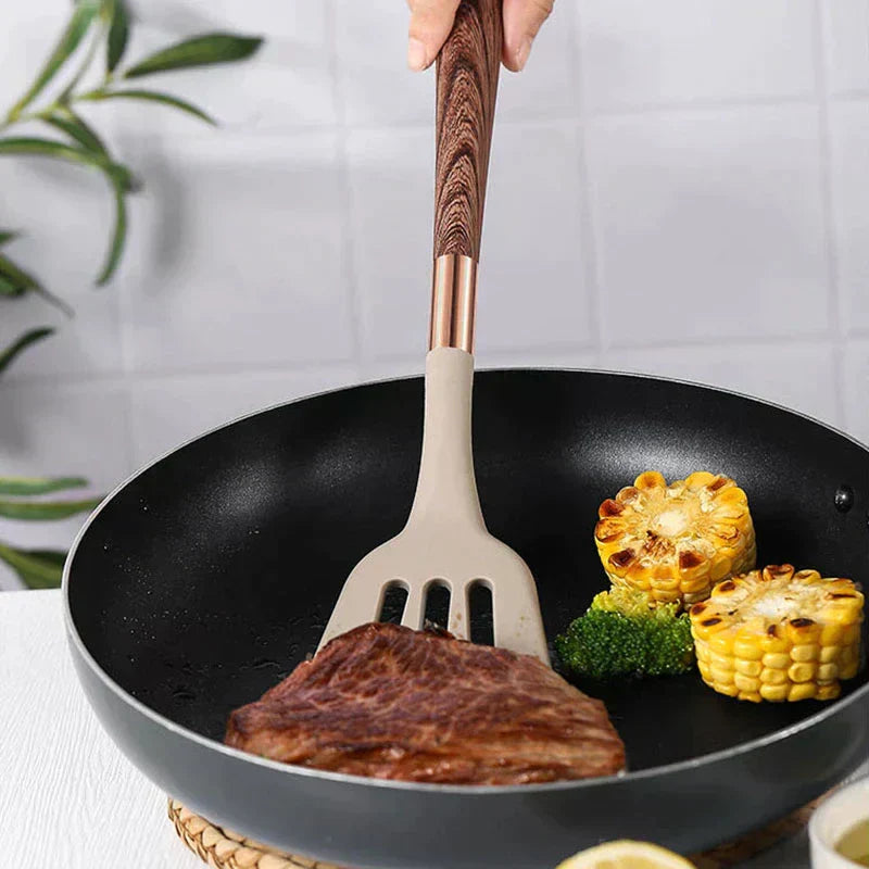 Food-safe Silicone Kitchen Utensils with Wooden Handle - KitchenElegance-Nora Luxe