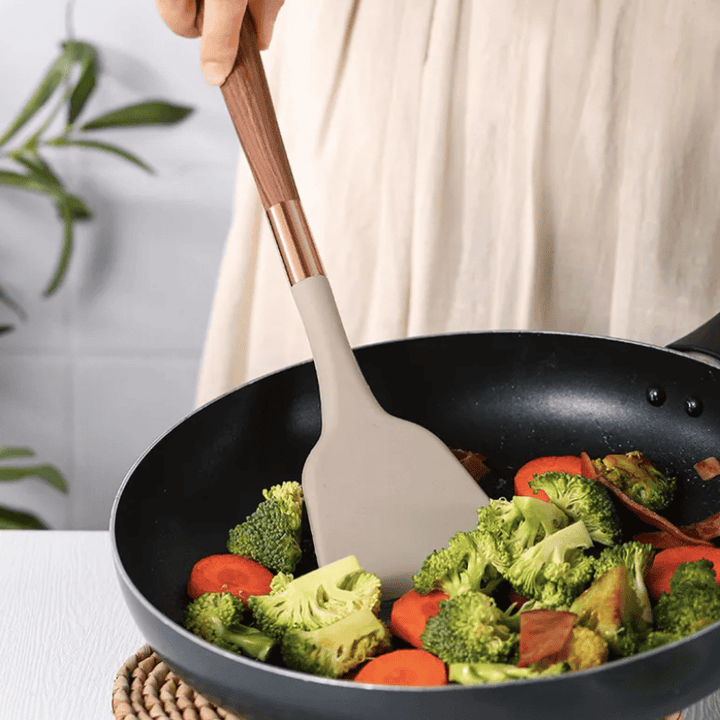 Food-safe Silicone Kitchen Utensils with Wooden Handle - KitchenElegance-Nora Luxe