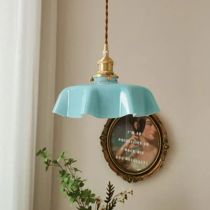French Brass Hanging Lamp - BrassChic-Blue-Warm White-Nora Luxe