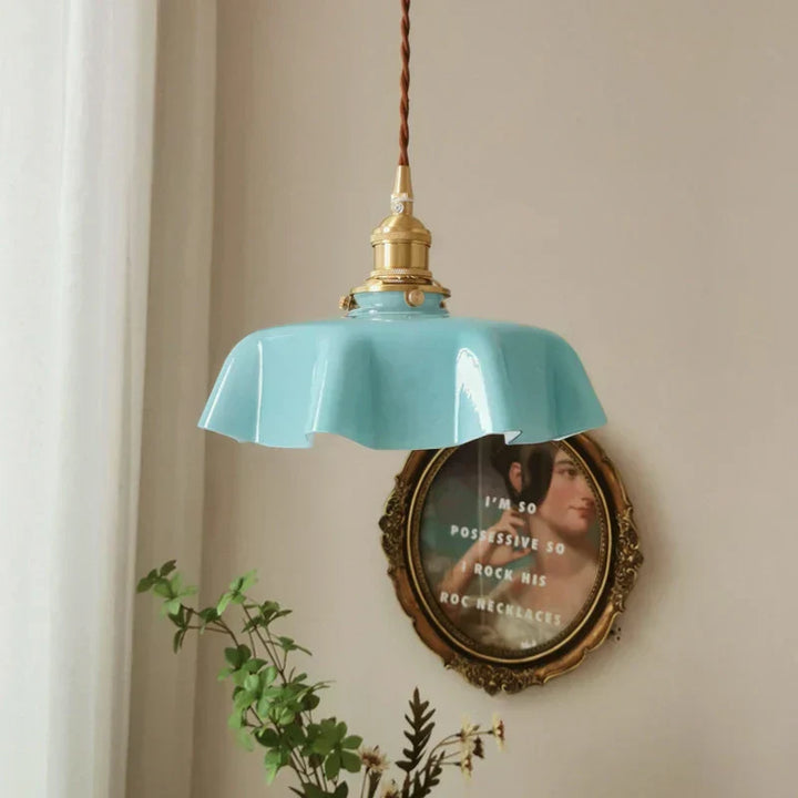 French Brass Hanging Lamp - BrassChic-Blue-Warm White-Nora Luxe